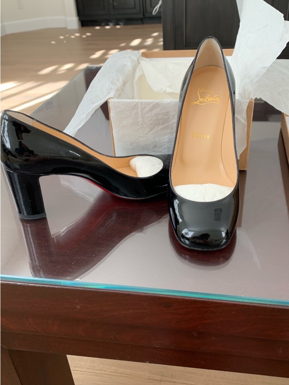 Christian Louboutin Black Patent Mid Block Heel Pumps with Red Sole